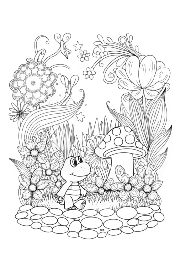 A coloring page of Yoshi in a magical garden