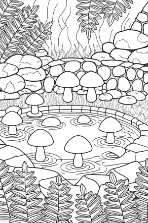 Mushrooms in a hot springs retreat coloring pages
