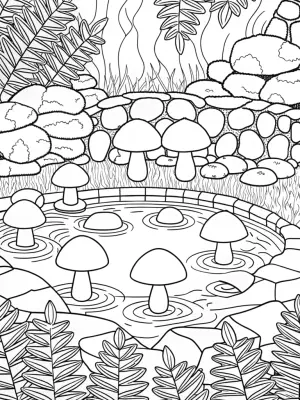 Mushrooms in a hot springs retreat coloring pages