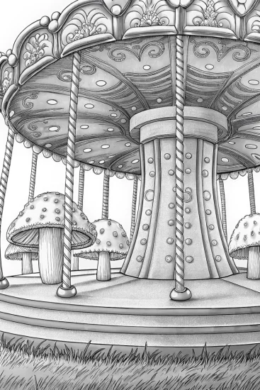 A coloring page of Whimsical mushroom carousel fun
