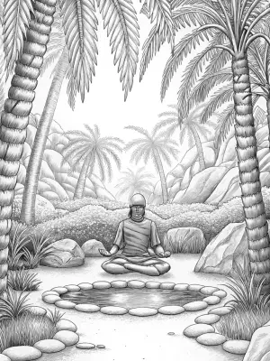 Ninja meditating in an oasis coloring pages
