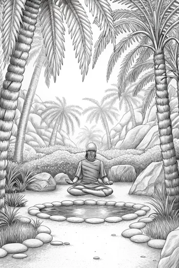 A coloring page of Ninja meditating in an oasis
