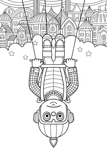 A coloring page of Blippi floating in upside-down world