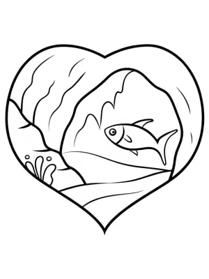 Heart-shaped fish exploring cave coloring pages