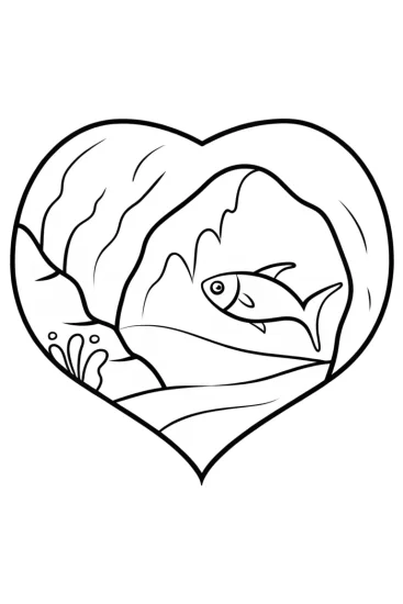 A coloring page of Heart-shaped fish exploring cave