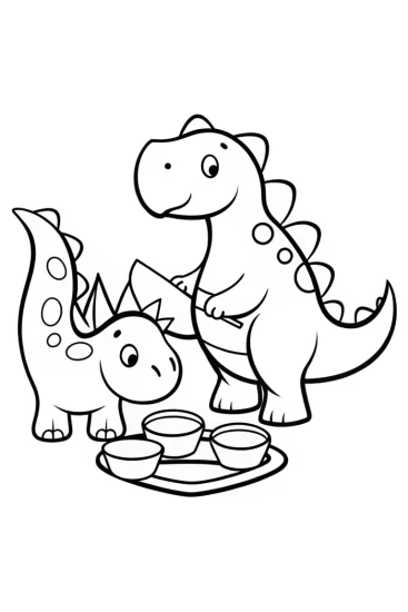 A coloring page of Dinosaurs cooking pancakes