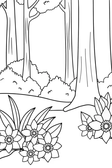 A coloring page of Flowers dancing in an enchanted forest