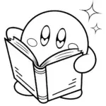 Kirby peeking into a glowing book