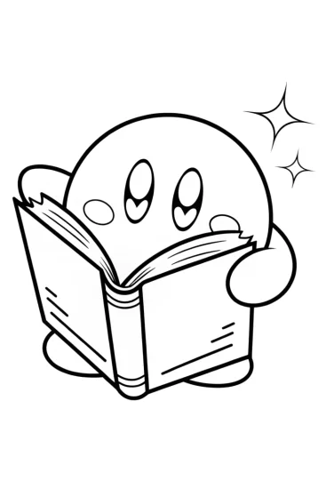A coloring page of Kirby peeking into a glowing book