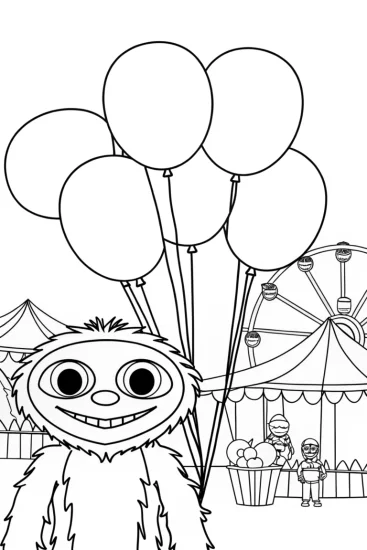 A coloring page of Huggy Wuggy at the balloon festival