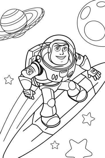 A coloring page of Buzz Lightyear surfing in space
