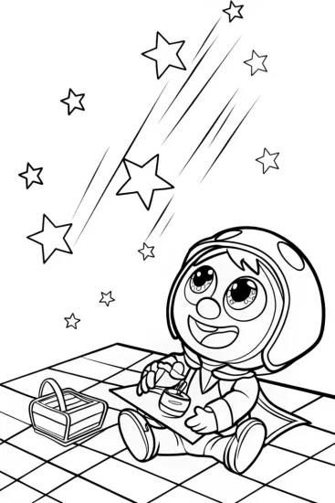 A coloring page of Cheeky Chocolate picnic on a comet