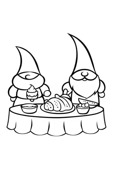 A coloring page of Gnomes preparing Thanksgiving dinner