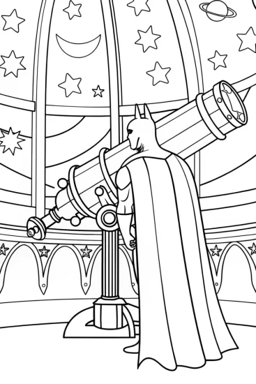 A coloring page of Batman at the enchanted observatory