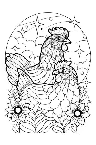 A coloring page of Chickens charting the stars