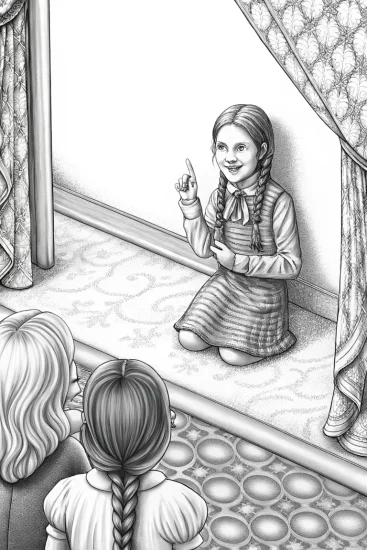 A coloring page of Wednesday Addams shadow puppetry