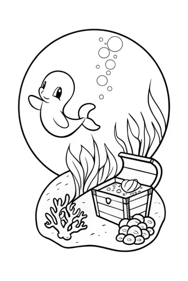 A coloring page of Charmander treasure hunt under the sea