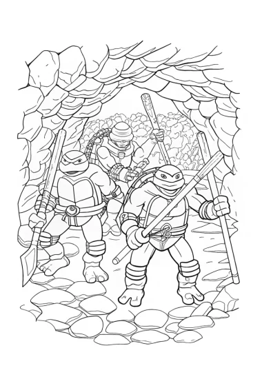 A coloring page of Teenage Mutant Ninja Turtles in a cavern
