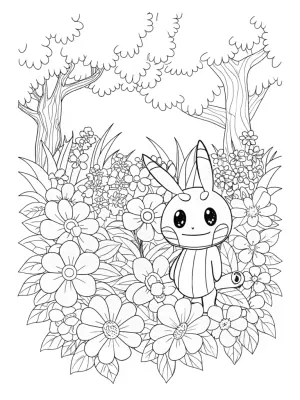 Mimikyu exploring a flower garden coloring pages