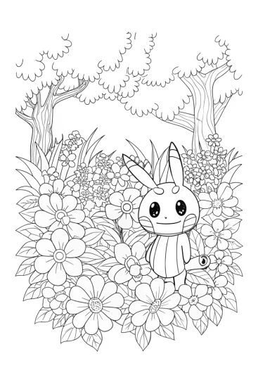 A coloring page of Mimikyu exploring a flower garden