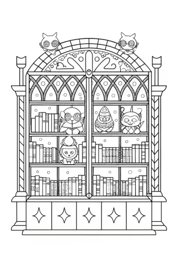 A coloring page of Superhero pets in the enchanted library