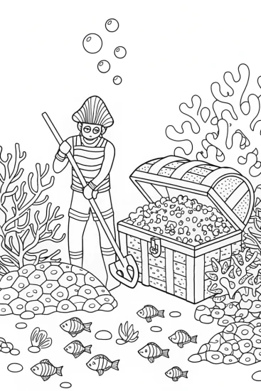 A coloring page of Blippi underwater treasure hunt