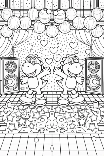 A coloring page of Yoshi’s dance party