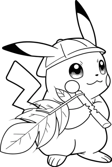 A coloring page of Pikachu playing a leaf flute