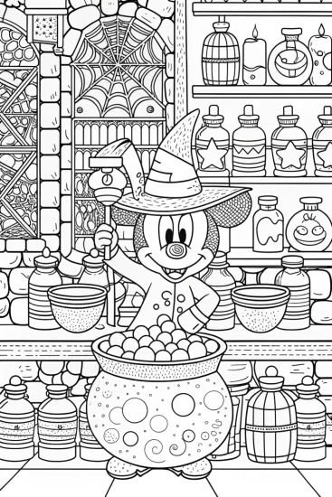 A coloring page of Mickey Mouse Halloween potion lab