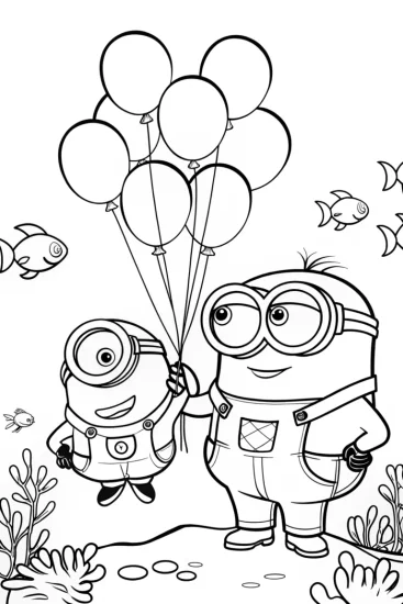A coloring page of Minion’s underwater balloon party