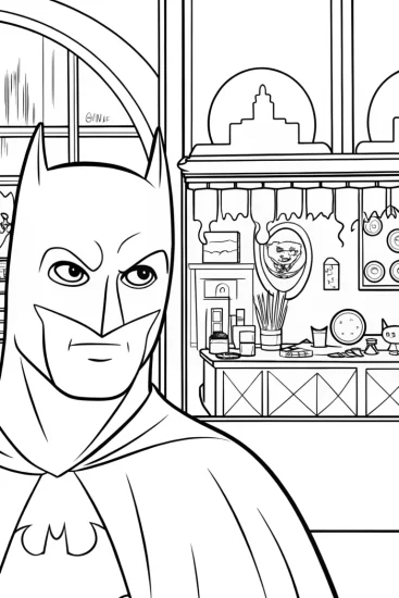 A coloring page of Batman in the whimsical time bazaar