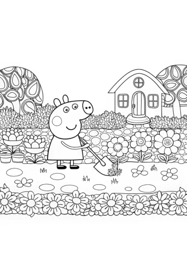 A coloring page of Peppa Pig’s gardening adventure