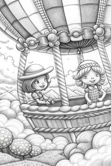 A coloring page of Strawberry Shortcake balloon adventure