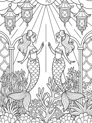 Mermaids at the bioluminescent festival coloring pages
