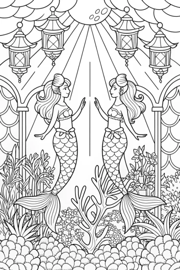 A coloring page of Mermaids at the bioluminescent festival