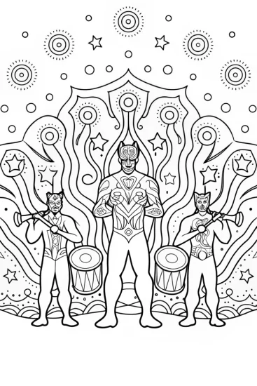 A coloring page of Black Panther conducts a cosmic orchestra
