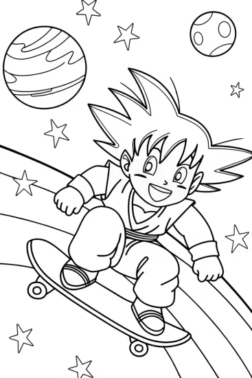 A coloring page of Goku skateboarding in space
