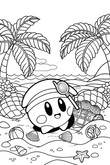 A coloring page of Kirby treasure hunting on the beach