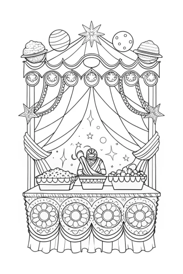 A coloring page of Black Panther in a celestial market