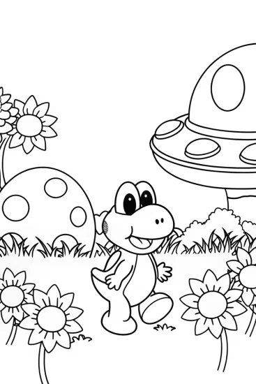 A coloring page of Yoshi in an alien garden