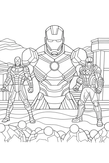 A coloring page of Iron Man and friends in battle