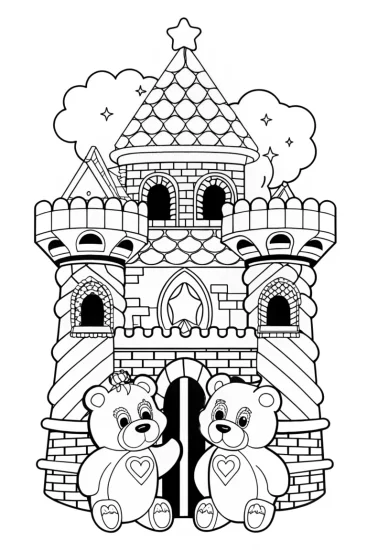A coloring page of Care Bears at the Puzzle Castle