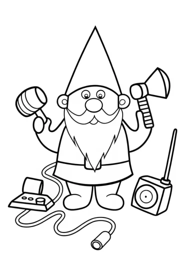 A coloring page of Gnome showcasing his inventions