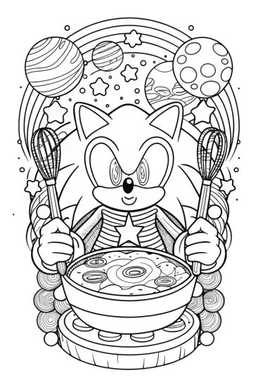 A coloring page of Sonic cooking in space