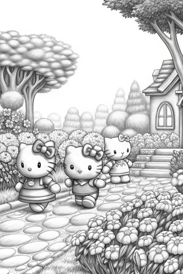 A coloring page of Hello Kitty’s garden parade