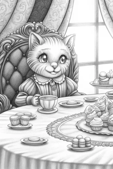 A coloring page of Whiskers the Cat tea party