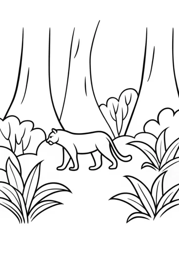A coloring page of Black Panther in a magical jungle
