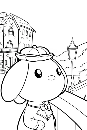A coloring page of Cinnamoroll’s postcard adventure