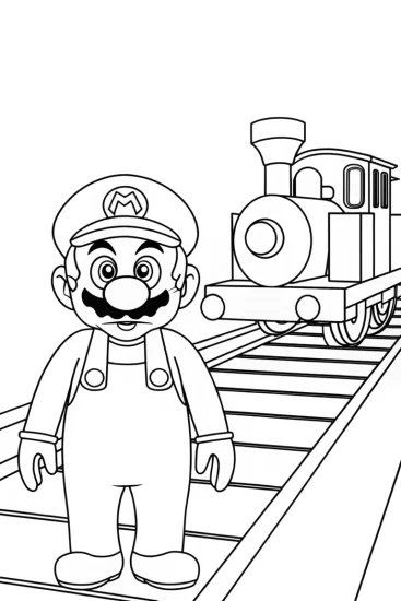 A coloring page of Mario’s train adventure