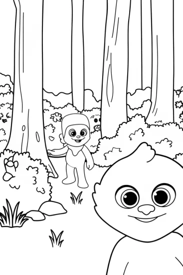 A coloring page of Huggy Wuggy’s forest adventure